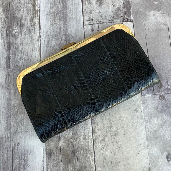 Shirl miller Handbags - VTG Shirl Miller Purse Clutch Black Gold Framed Reptile Snake Glam Retro Boho